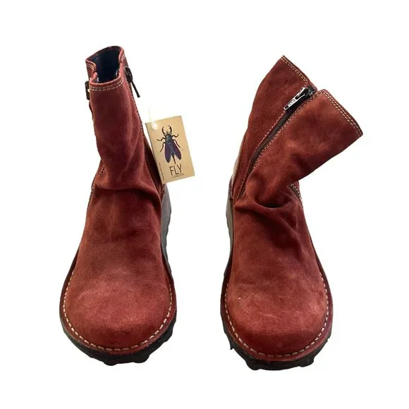 Fly London Womens Mong Ankle Boots size 37 Red Side Zip Suede NEW - Picture 2 of 8